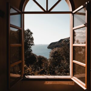 Window overlooking a beach and vegetation.